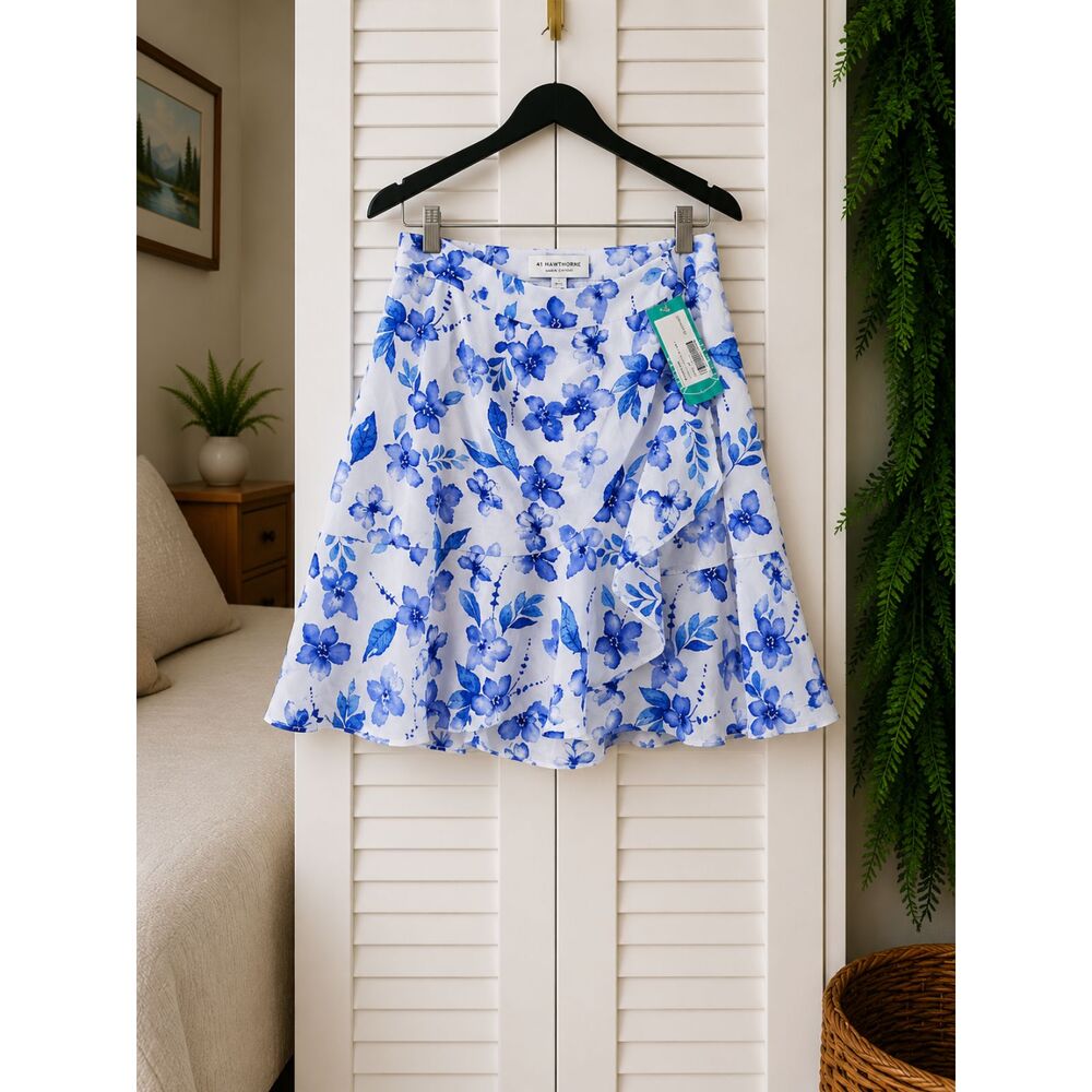 41 Hawthorn Umbra Chiffon Blue White Floral Mini Skirt M NWT